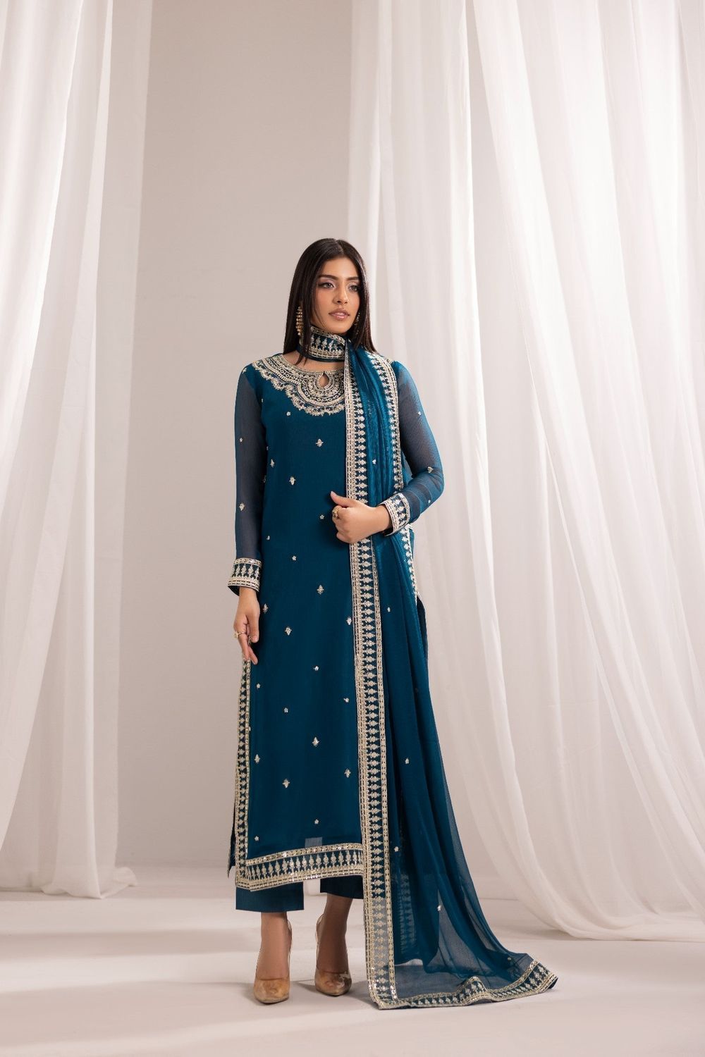 Teal Embroidered Bemberg Crinkle Chiffon Partywear Suit Online in Dubai UAE Abudhabi Ajman Sharjah