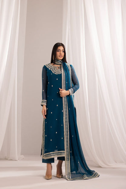 Teal Embroidered Bemberg Crinkle Chiffon Partywear Suit Online in Dubai UAE Abudhabi Ajman Sharjah