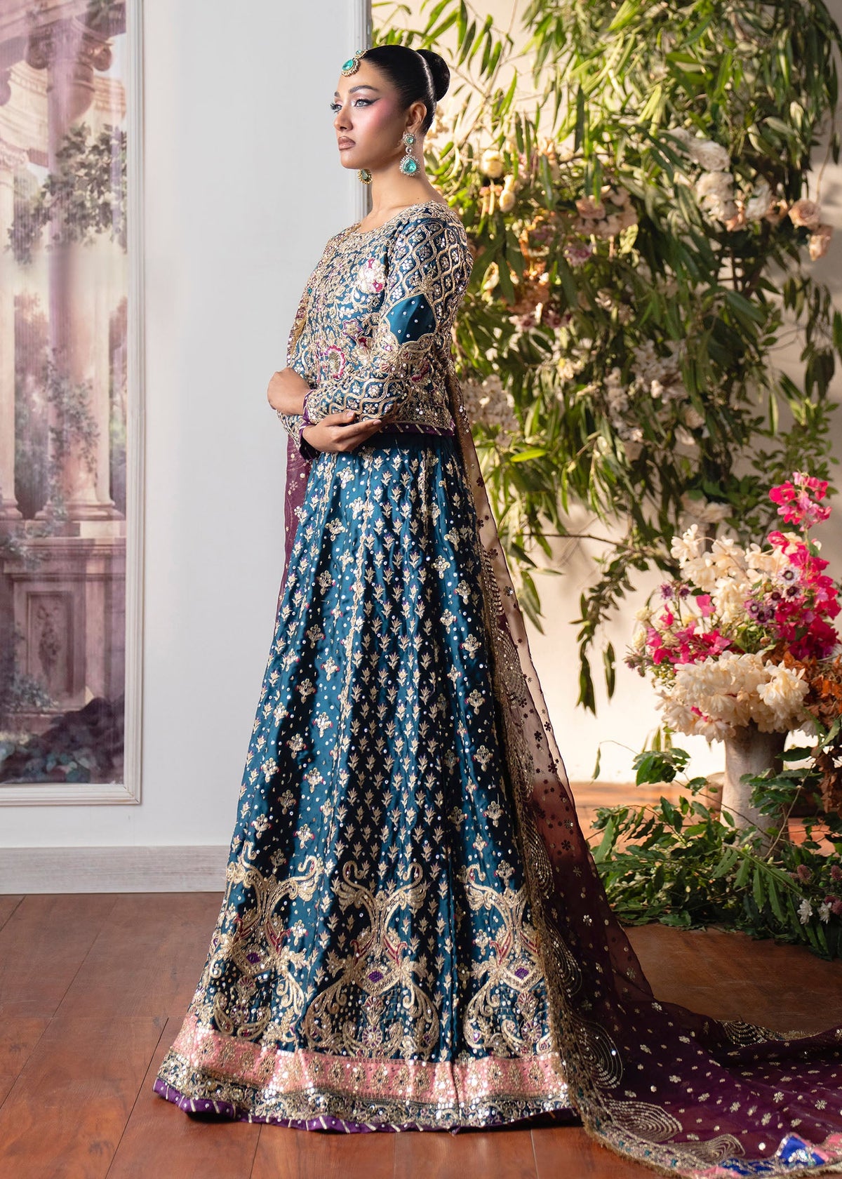 Teal Embroidered Charmuse Lehenga Online in Dubai DXB UAE Abudhabi Meena Bazaar