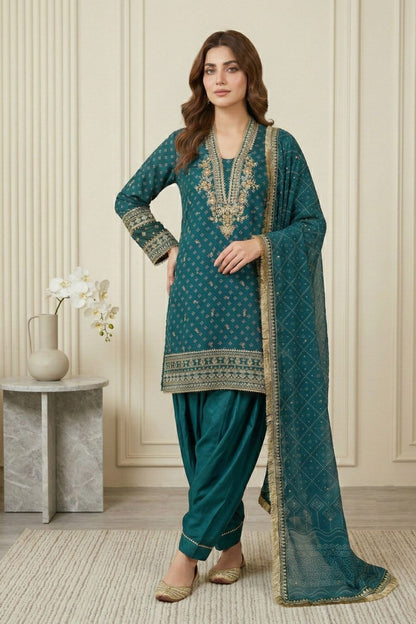 Teal Embroidered Chiffon Farshi Shalwar Suit Online in Dubai UAE Abudhabi Ajman Sharjah