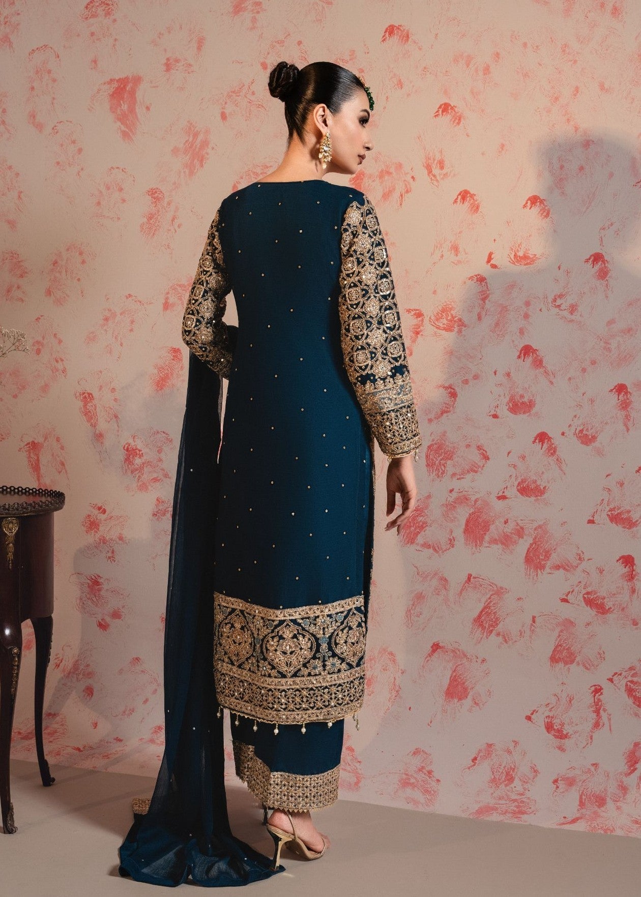 Teal Embroidered Chiffon Festive Outfit Online in Sri Lanka India Australia