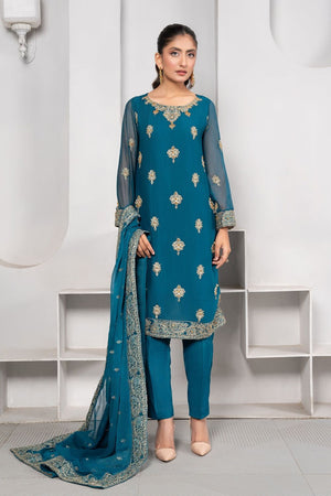 Teal Embroidered Chiffon Festive Party Wear Suit Online in Dubai UAE Abudhabi Ajman Sharjah