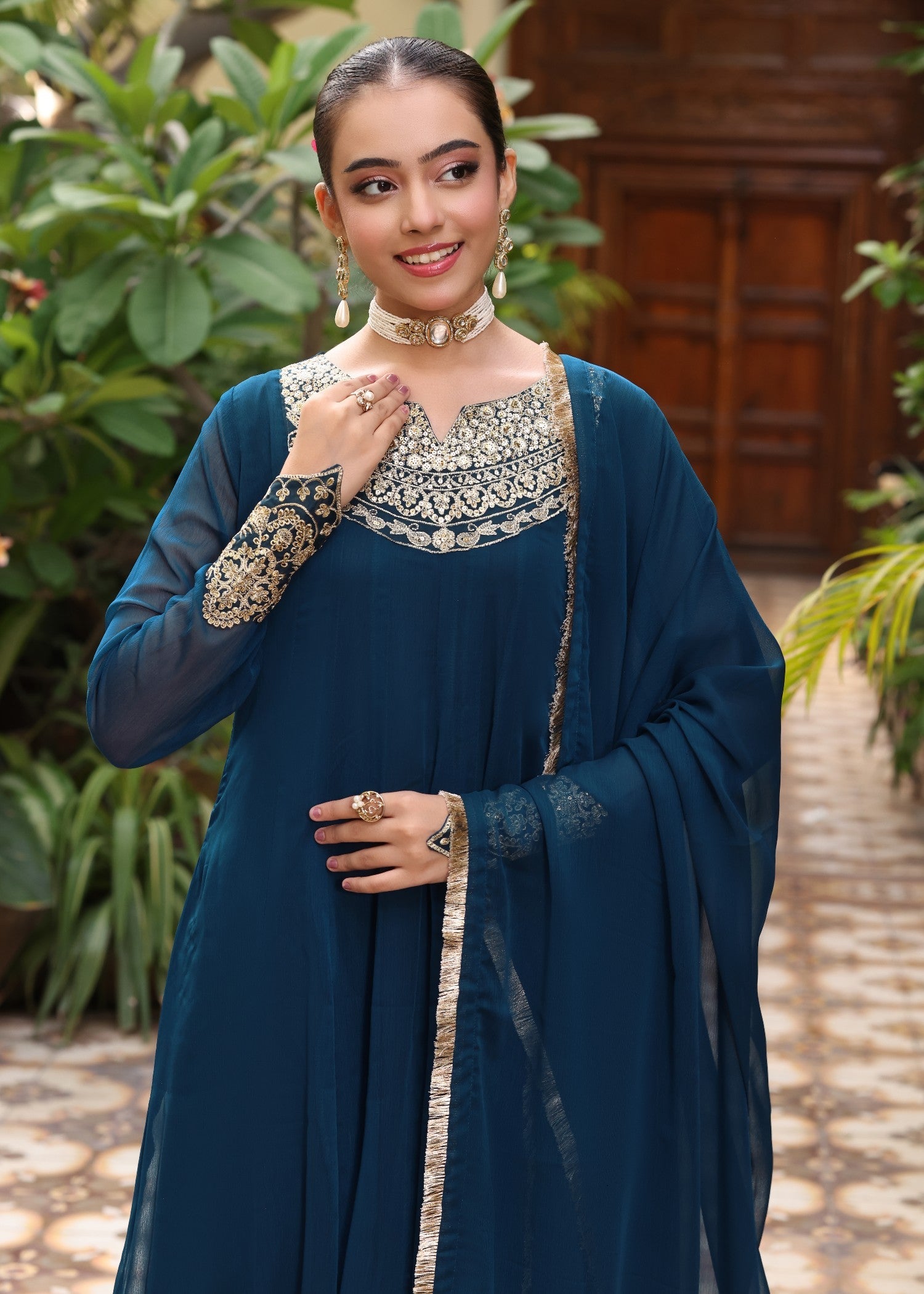 Teal Embroidered Chiffon Festive Wear Suit Online in Dubai DXB UAE Abudhabi Meena Bazaar