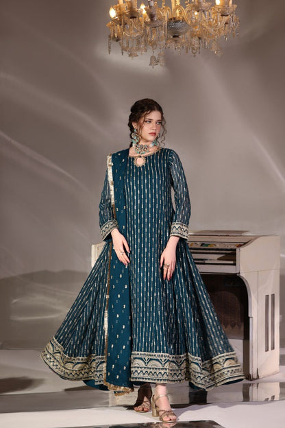 Teal Embroidered Chiffon Flared Pishwas Online in Dubai UAE Abudhabi Ajman Sharjah