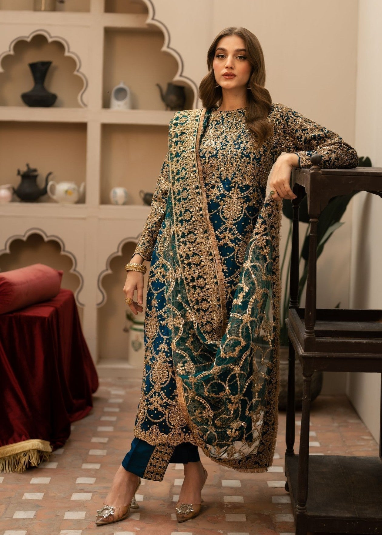 Teal Embroidered Chiffon Formal Suit Online in Sri Lanka India Australia