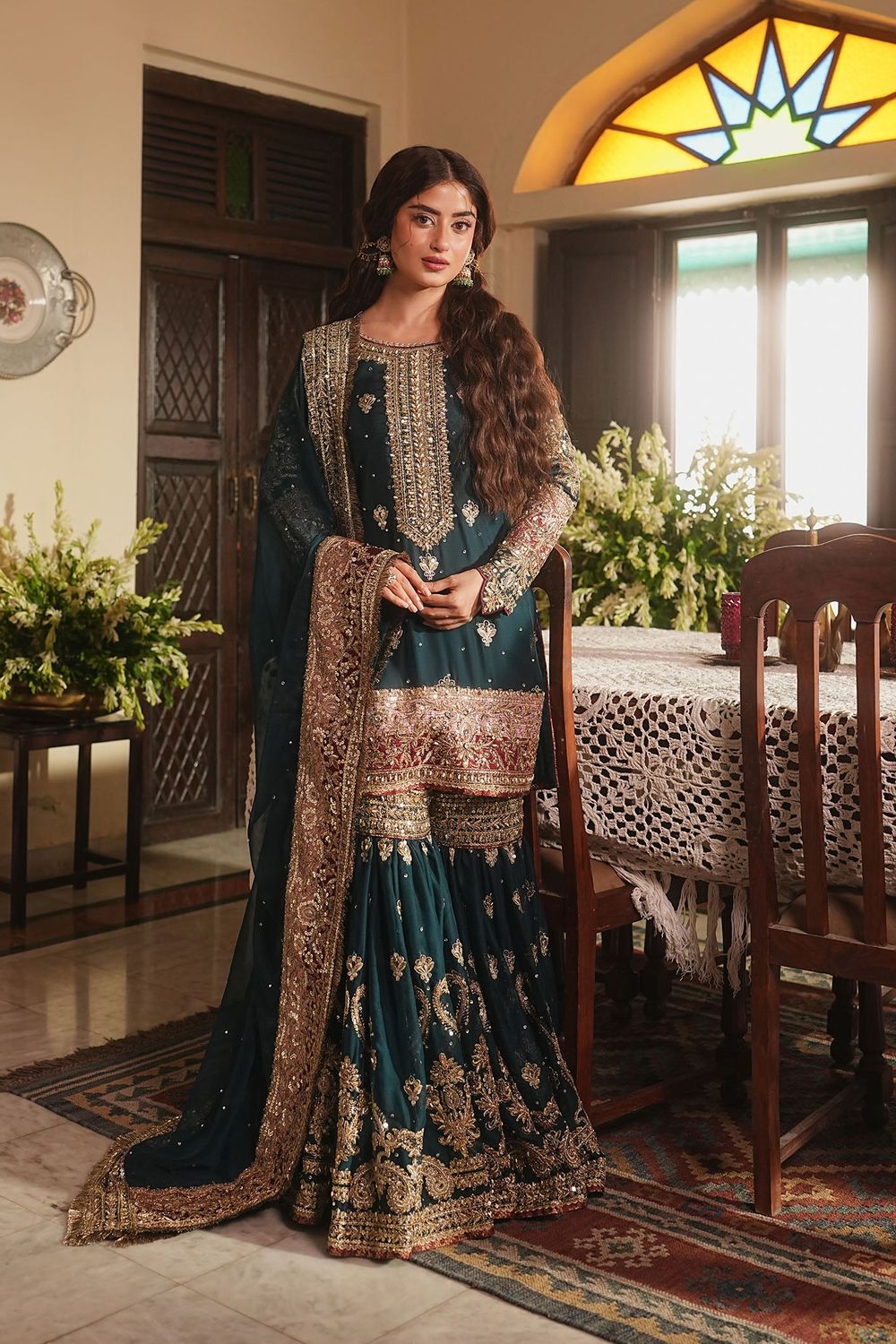 Teal Embroidered Chiffon Gharara Online in Dubai UAE Abudhabi Ajman Sharjah