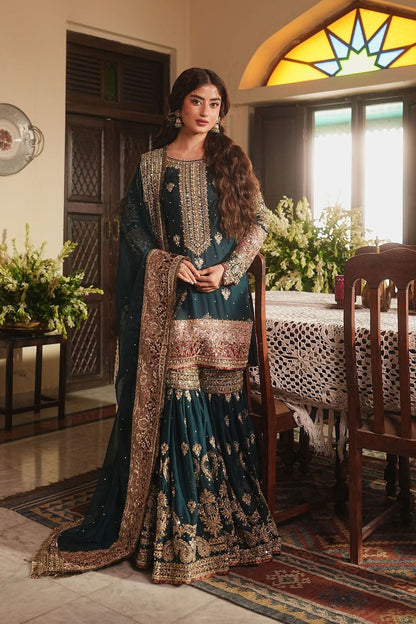 Teal Embroidered Chiffon Gharara Online in Dubai UAE Abudhabi Ajman Sharjah