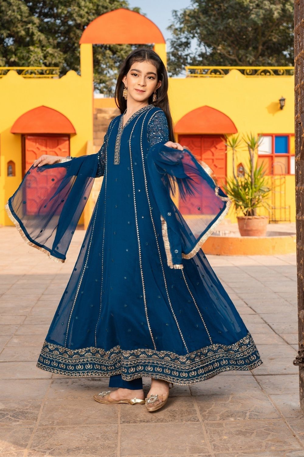 Teal Embroidered Chiffon Kalidar Maxi for Girls Online in Dubai UAE Abudhabi Ajman Sharjah
