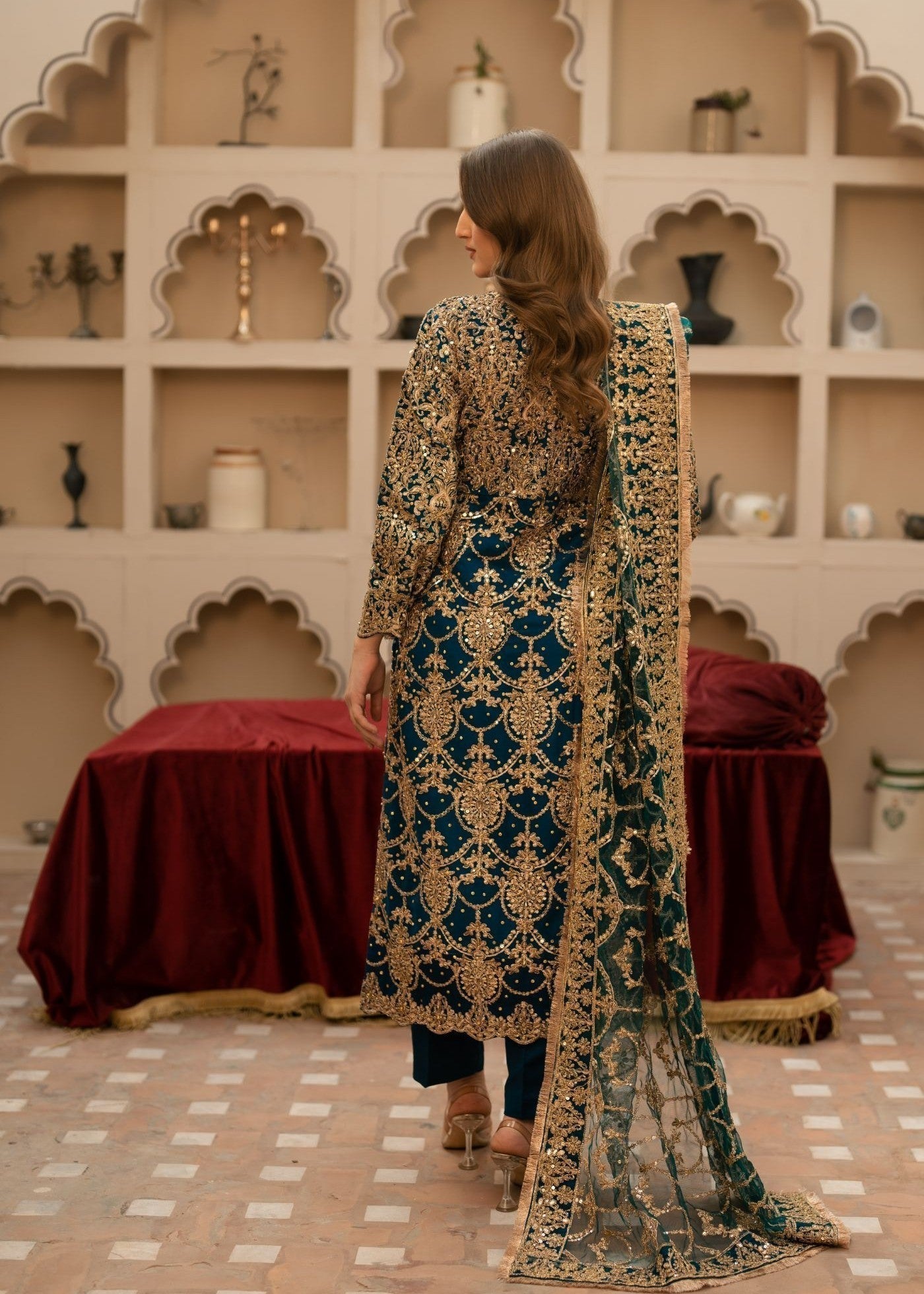 Teal Embroidered Chiffon Ladies Suit Online in UK USA Canada