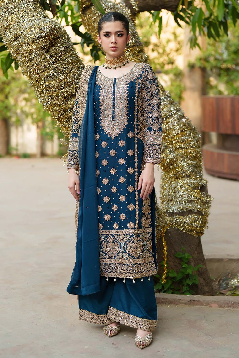 Teal Embroidered Chiffon Partywear Suit Online in Dubai UAE Abudhabi Ajman Sharjah