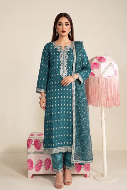 Teal Embroidered Chiffon Partywear Suit Online in Dubai UAE Abudhabi Ajman Sharjah
