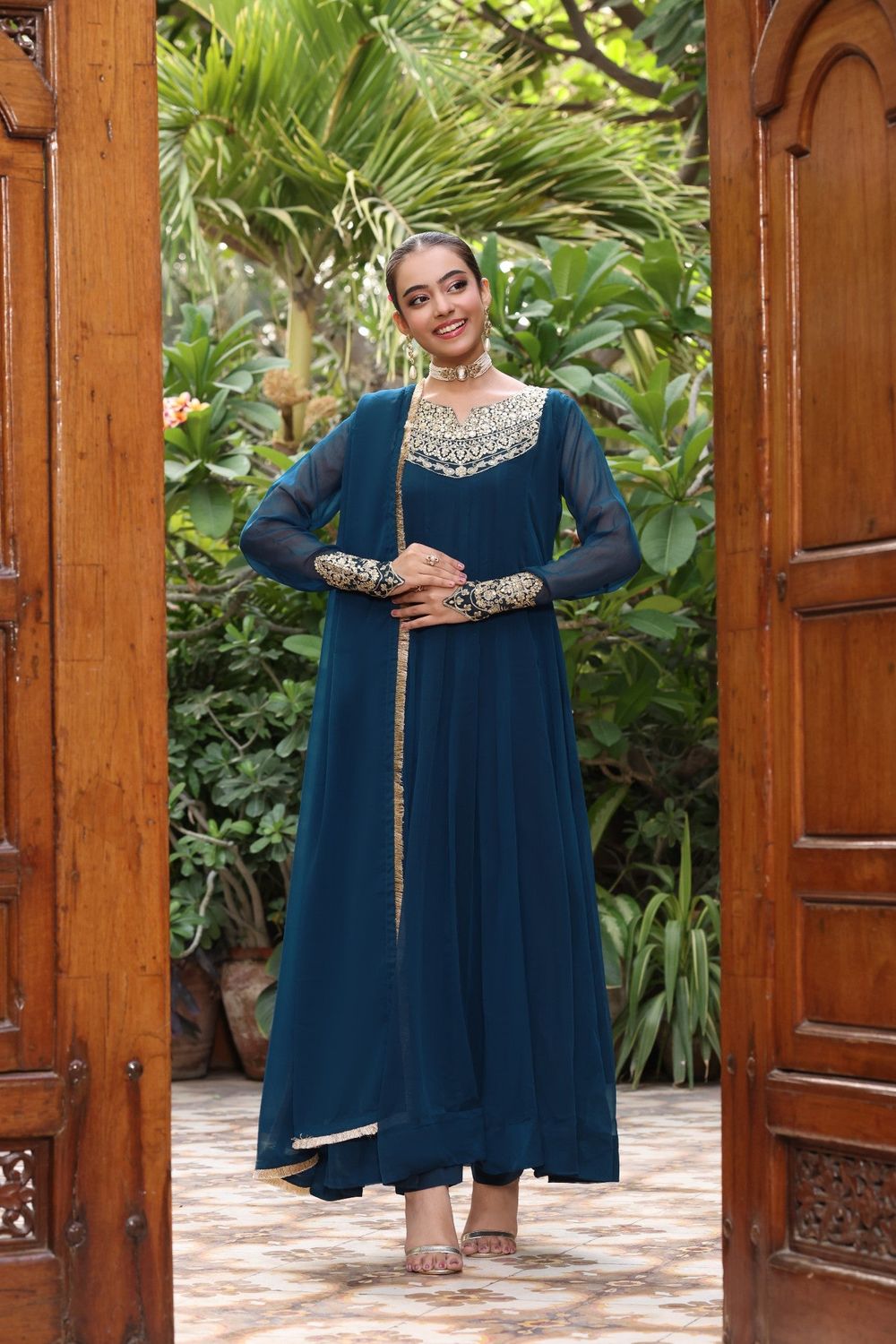 Teal Embroidered Chiffon Pishwas Partywear Suit Online in Dubai UAE Abudhabi Ajman Sharjah
