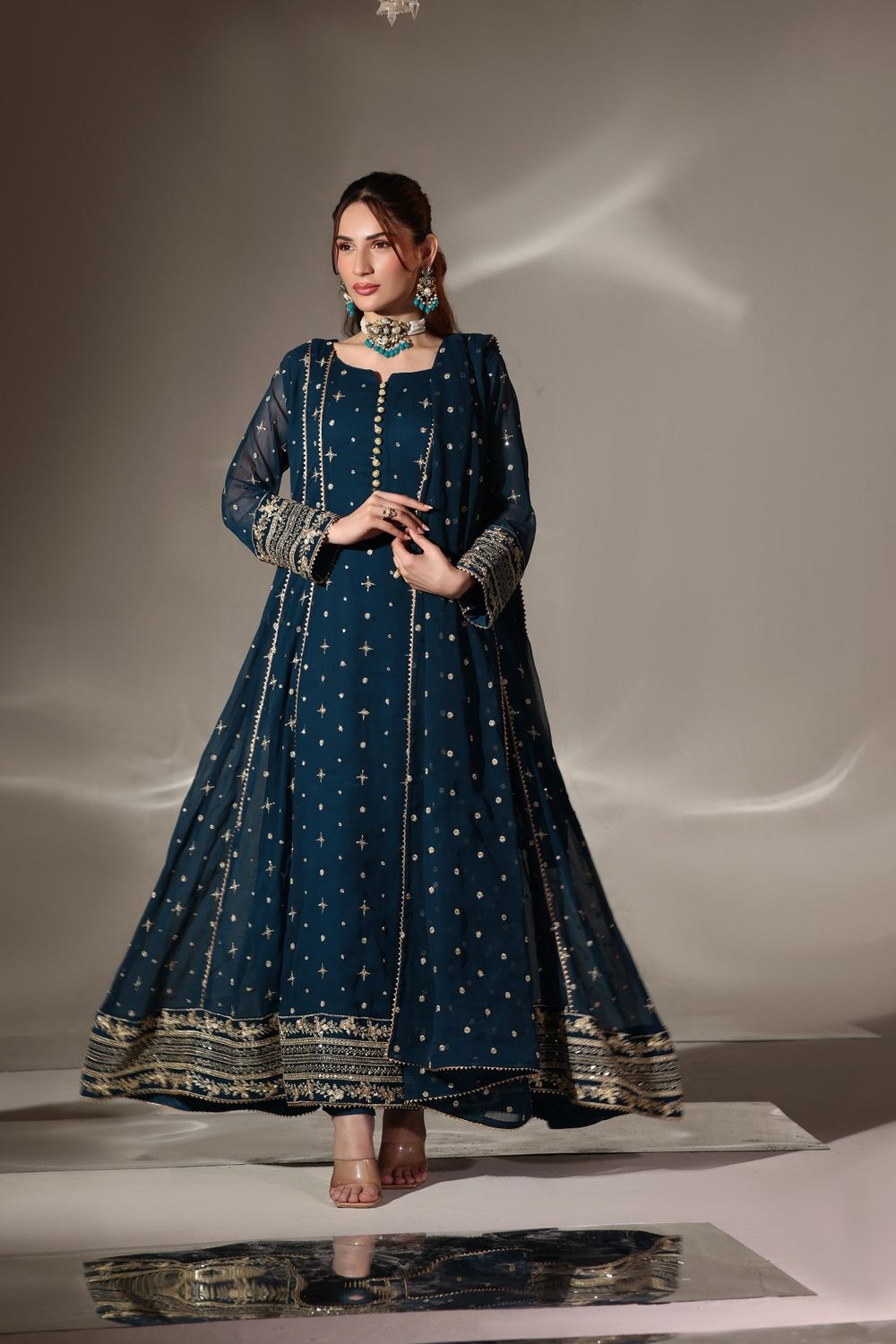 Teal Embroidered Chiffon Pishwas Salwar Kameez Online in Dubai UAE Abudhabi Ajman Sharjah