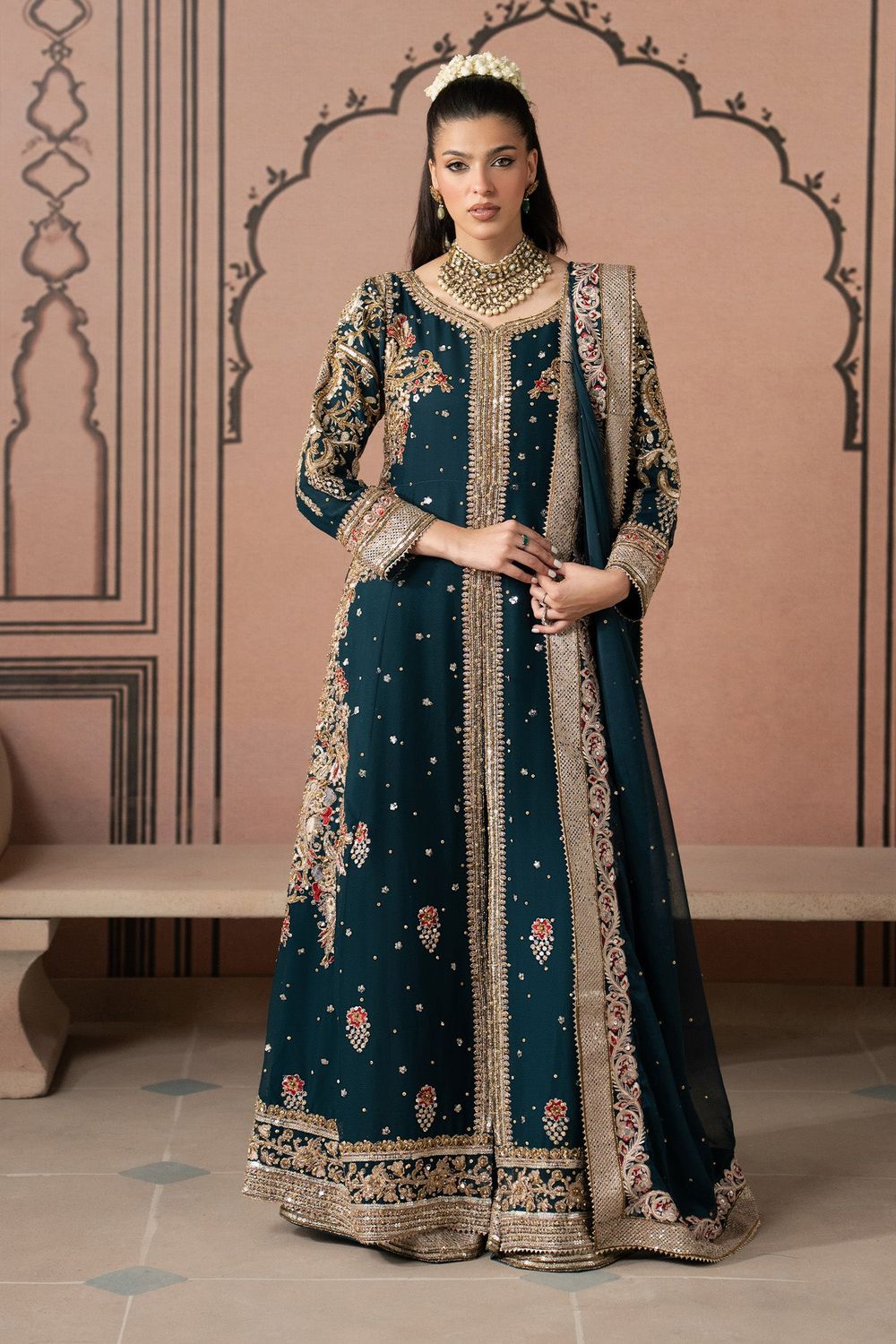 Teal Embroidered Chiffon Pishwas with Shalwar Online in Dubai UAE Abudhabi Ajman Sharjah