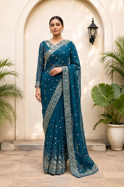 Teal Embroidered Chiffon Saree Online in Dubai UAE Abudhabi Ajman Sharjah