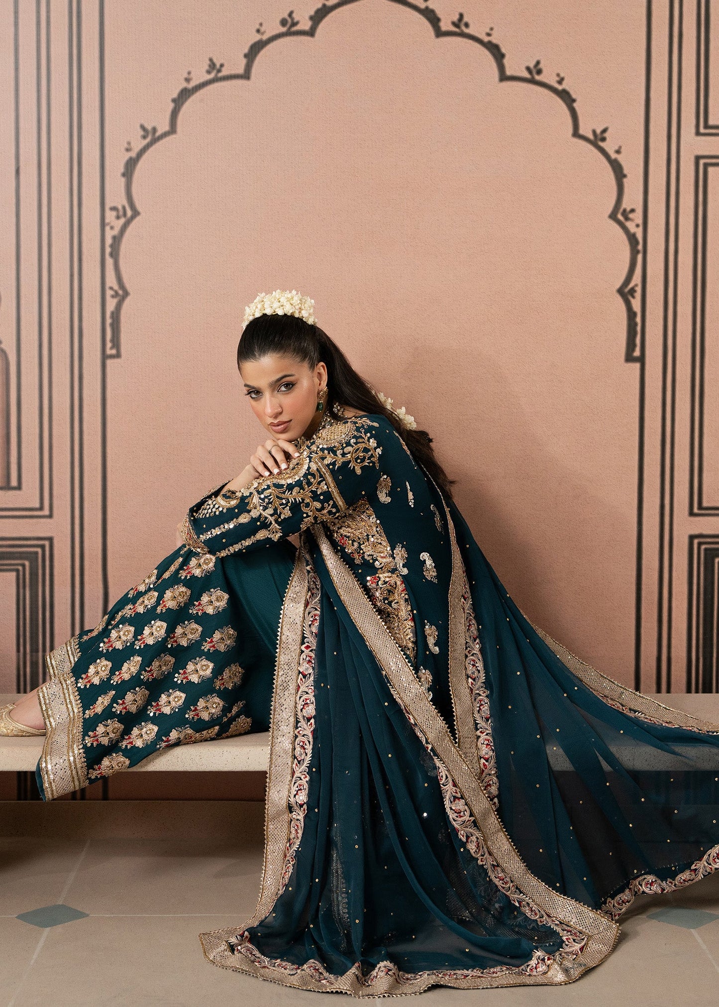 Teal Embroidered Chiffon Shalwar Kameez Online in Dubai UAE Abudhabi Ajman Sharjah