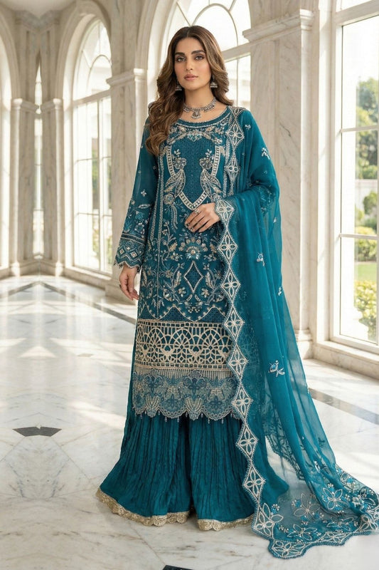 Teal Embroidered Chiffon Sharara Suit Online in Dubai UAE Abudhabi Ajman Sharjah
