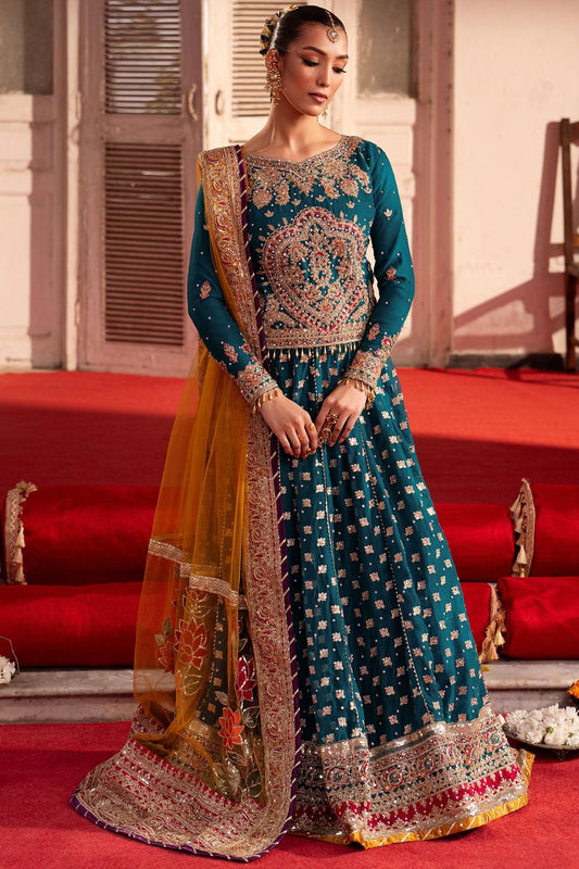 Teal Embroidered Chiffon Wedding Guest Suit Online in Dubai UAE Abudhabi Ajman Sharjah