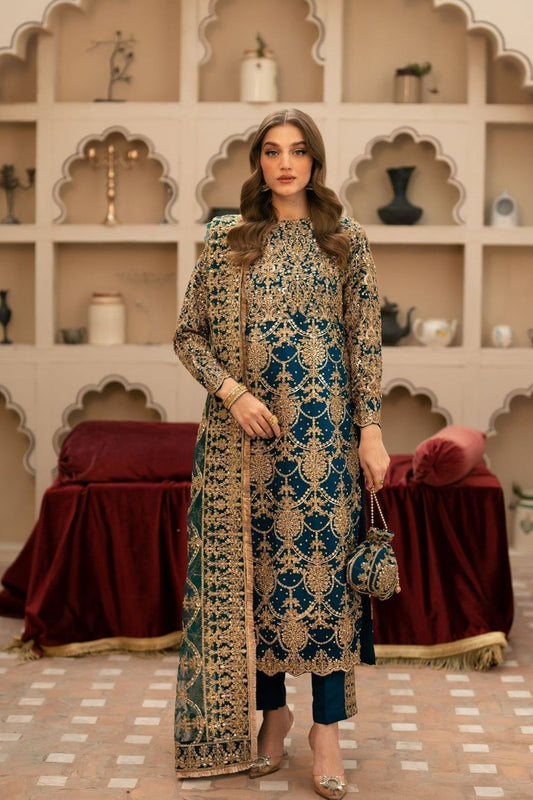 Teal Embroidered Chiffon Wedding Guest Wear Suit Online in Dubai UAE Abudhabi Ajman Sharjah