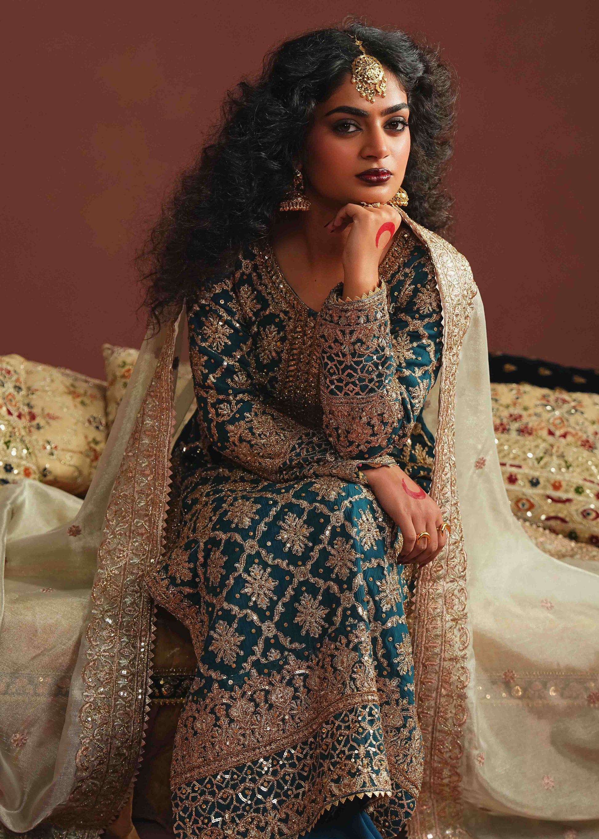 Teal Embroidered Chiffon Wide Leg Trouser Suit Online in KSA Riyadh Saudi Arabia Oman Bahrain Qatar