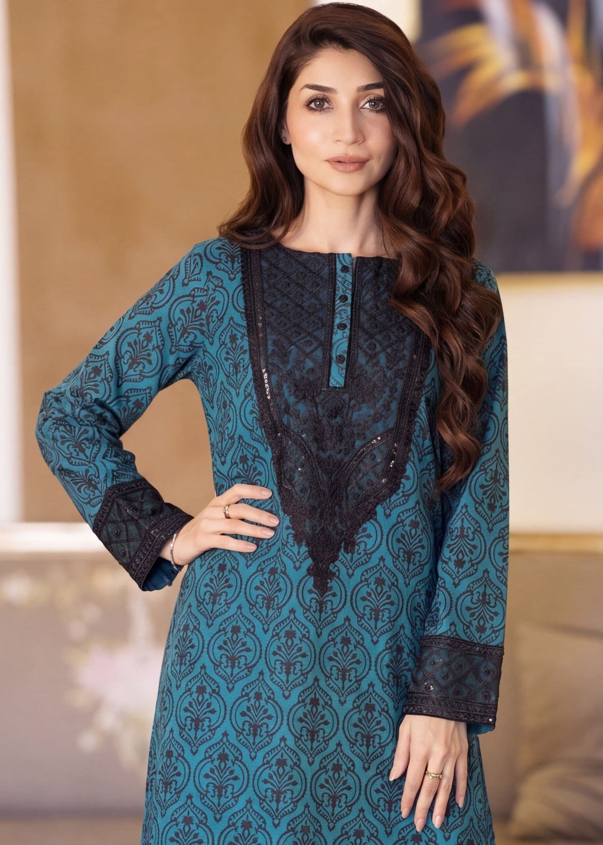 Teal Embroidered Cotton Kaftan Online in Dubai DXB UAE Abudhabi Meena Bazaar