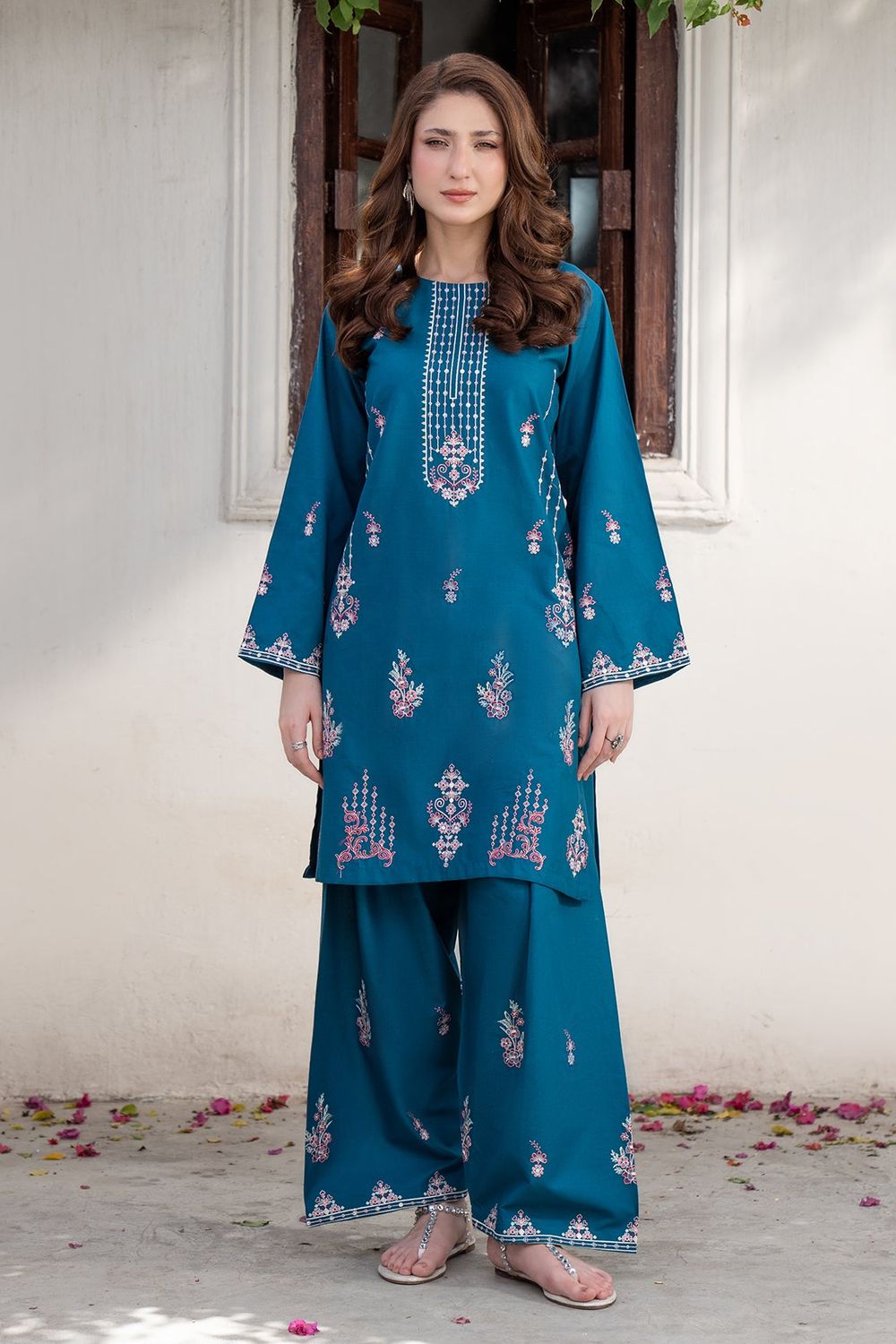 Teal Embroidered Cotton Kurta Set Online in Dubai UAE Abudhabi Ajman Sharjah