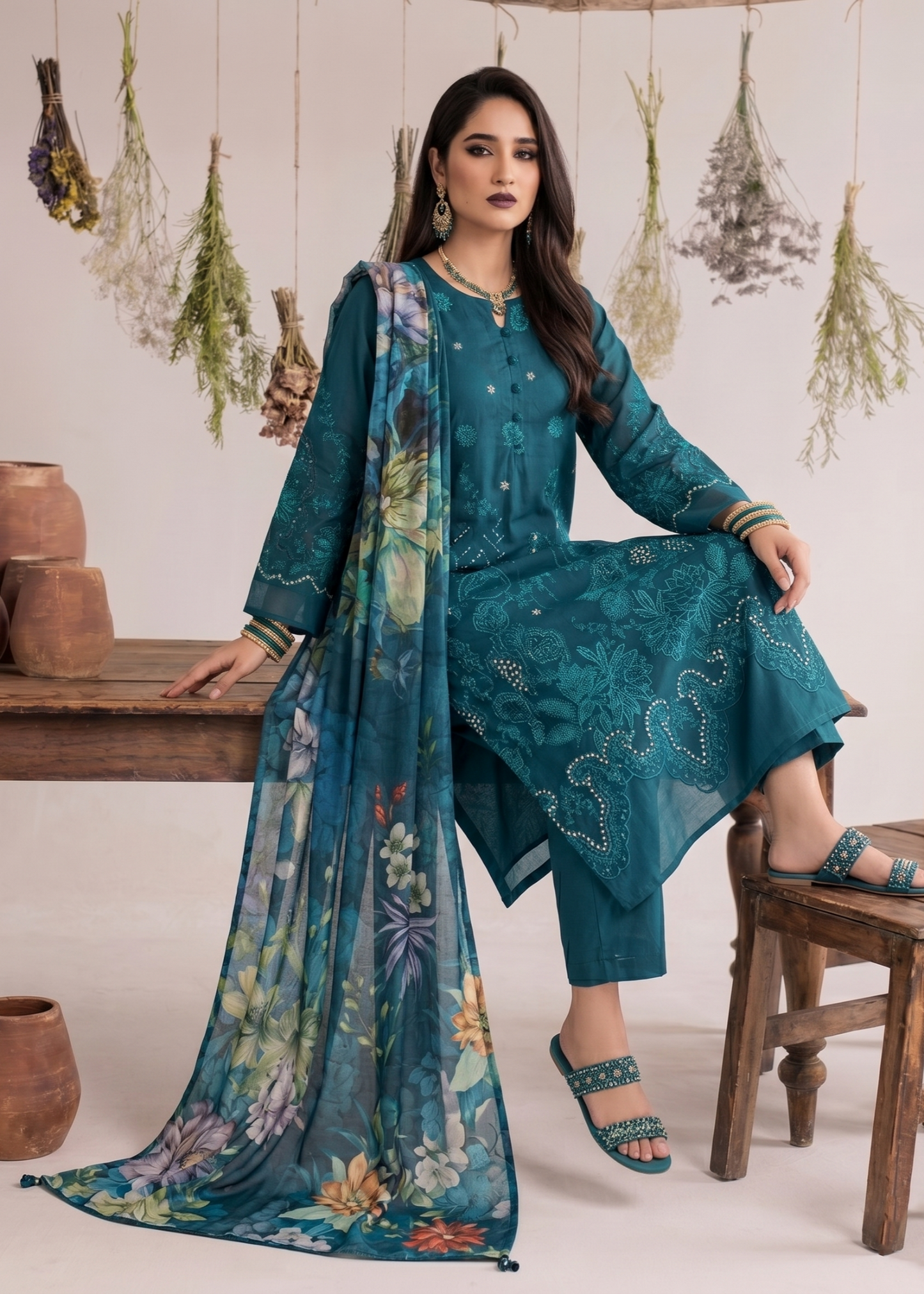 Teal Embroidered Cotton Ladies Suit Online in KSA Riyadh Saudi Arabia Oman Bahrain Qatar