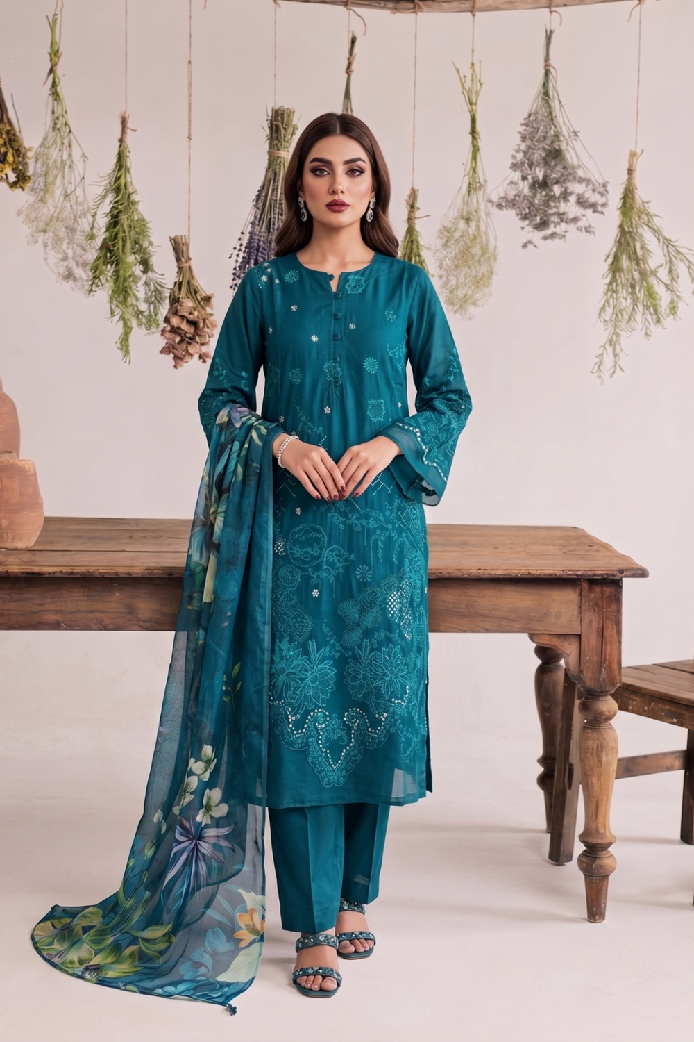 Teal Embroidered Cotton Party Wear Suit Online in Dubai UAE Abudhabi Ajman Sharjah