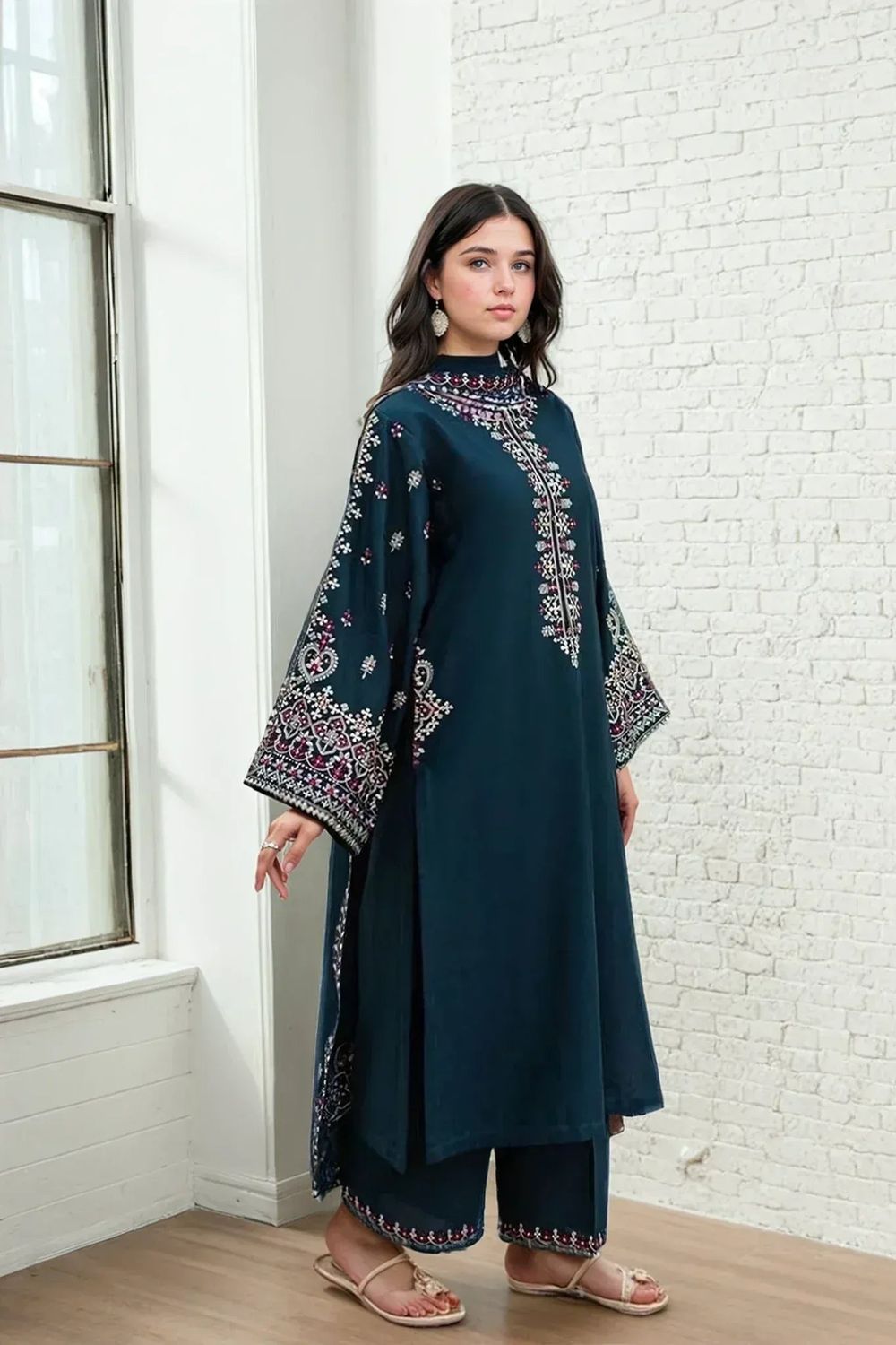 Teal Embroidered Cotton Salwar Suit Online in Dubai UAE Abudhabi Ajman Sharjah