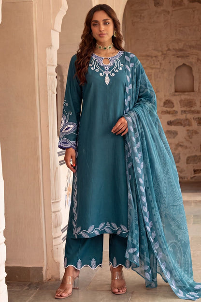 Teal Embroidered Cotton Salwar Suit Online in Dubai UAE Abudhabi Ajman Sharjah