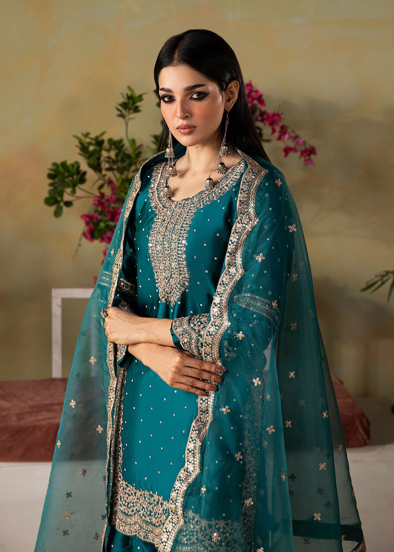Teal Embroidered Farshi Shalwar Suit for Women Online in Sri Lanka India Australia