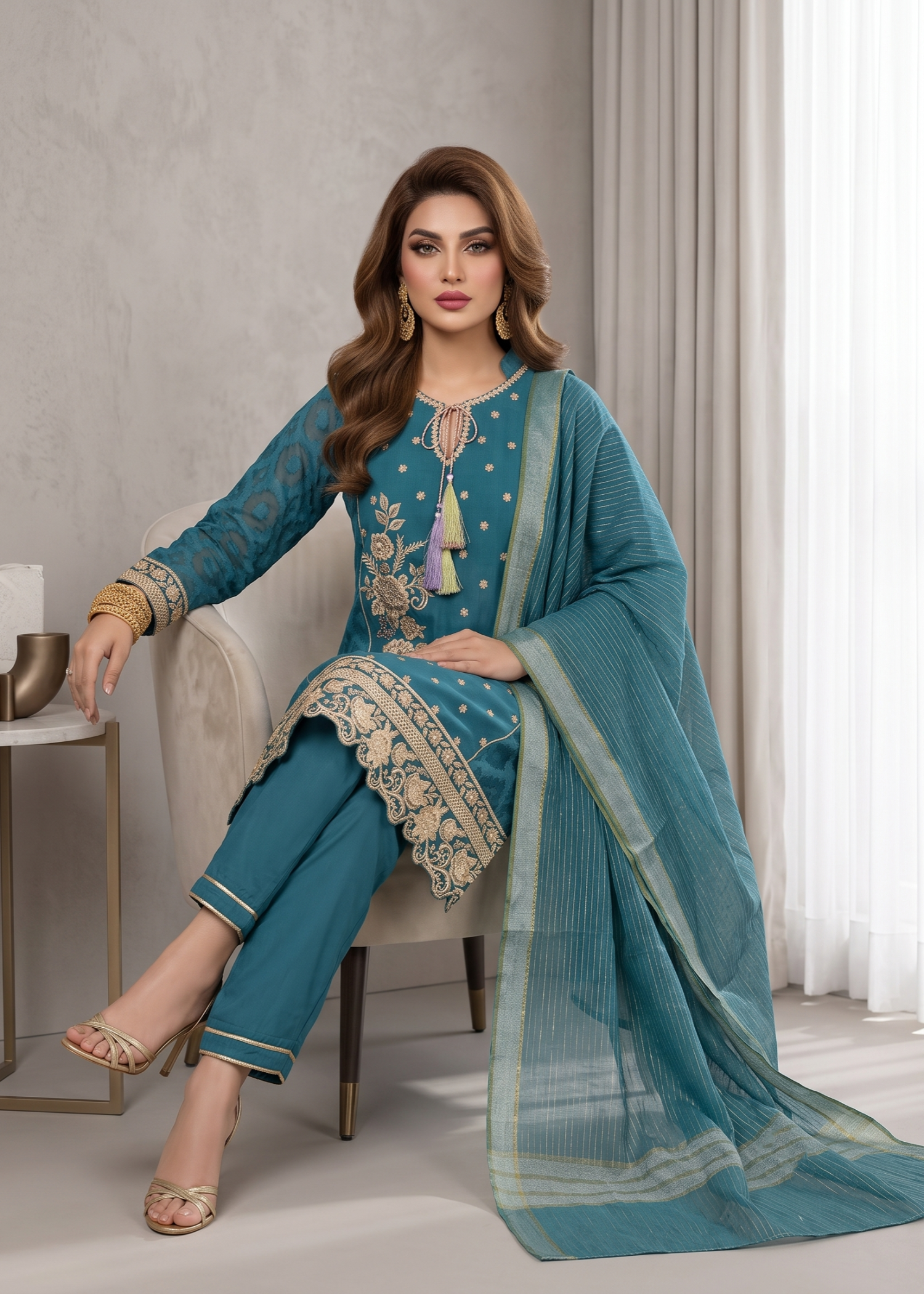 Teal Embroidered Jacquard Dress Material Online in Dubai UAE Abudhabi Ajman Sharjah
