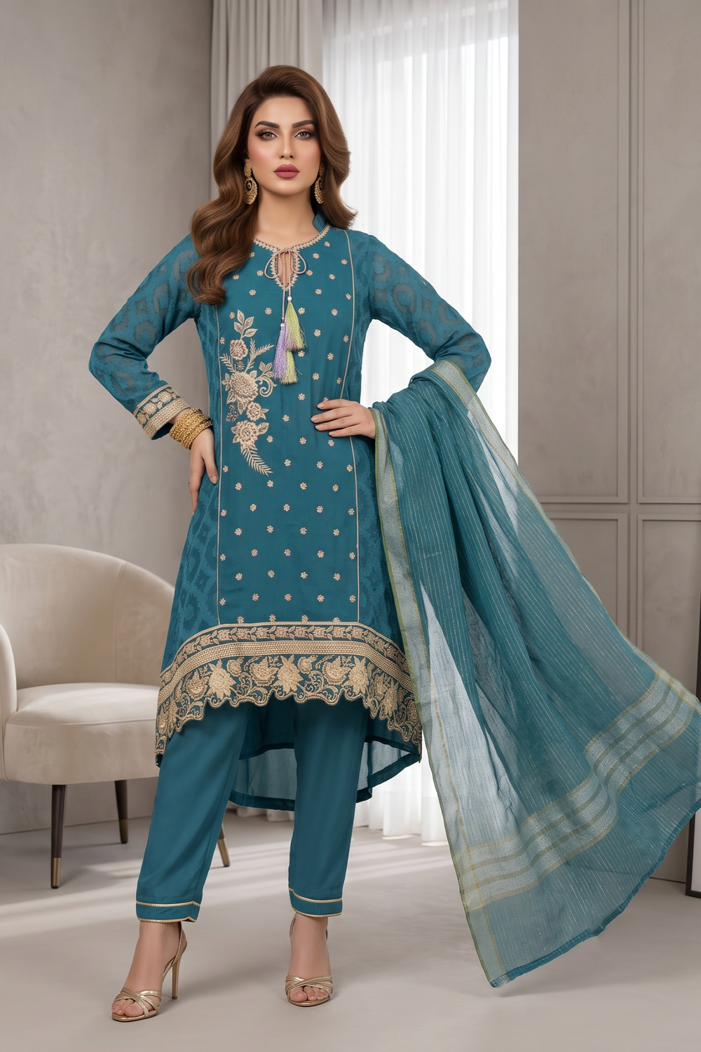 Teal Embroidered Jacquard Partywear Suit Online in Dubai UAE Abudhabi Ajman Sharjah