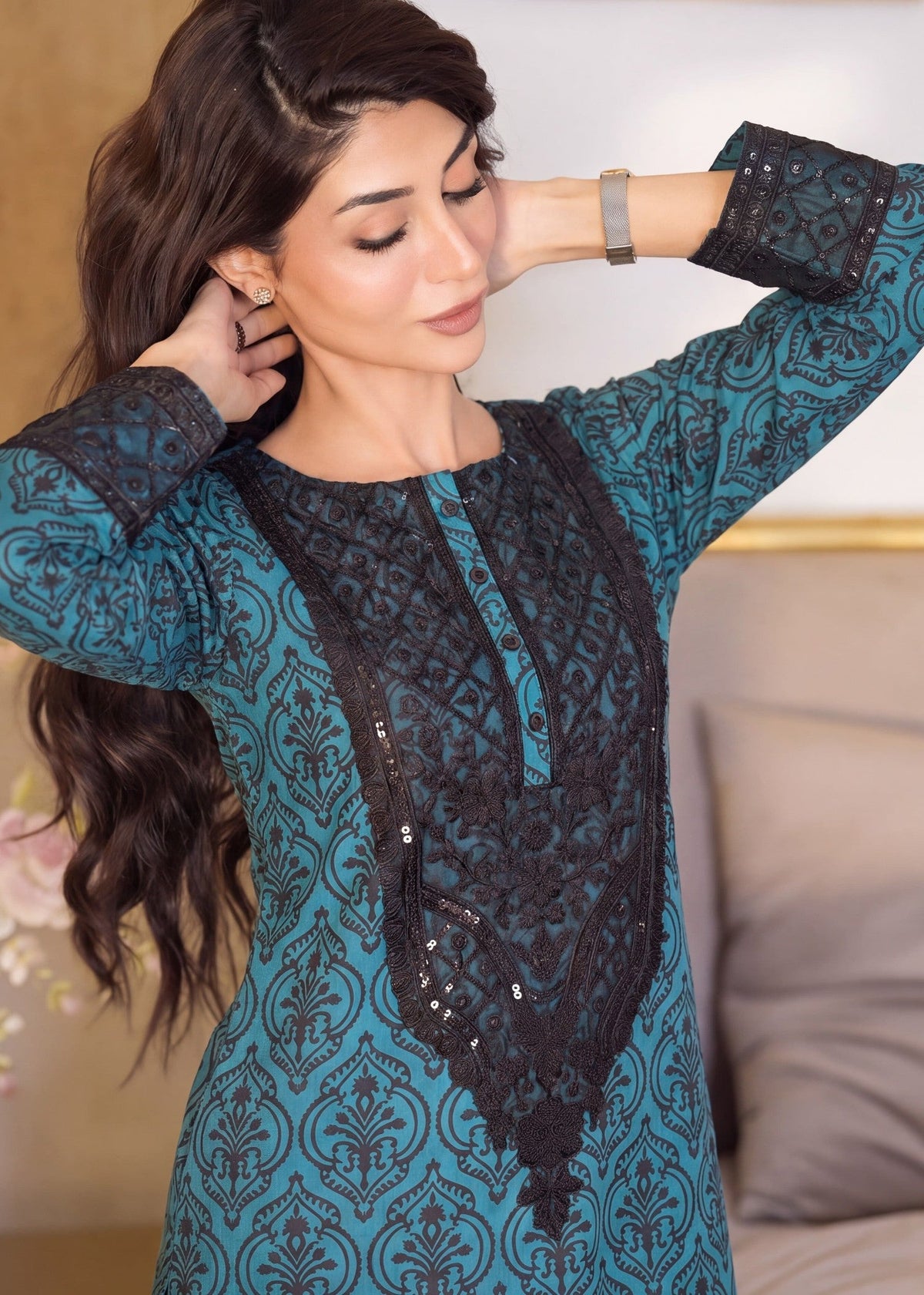 Teal Embroidered Kaftan Online in UK USA Canada
