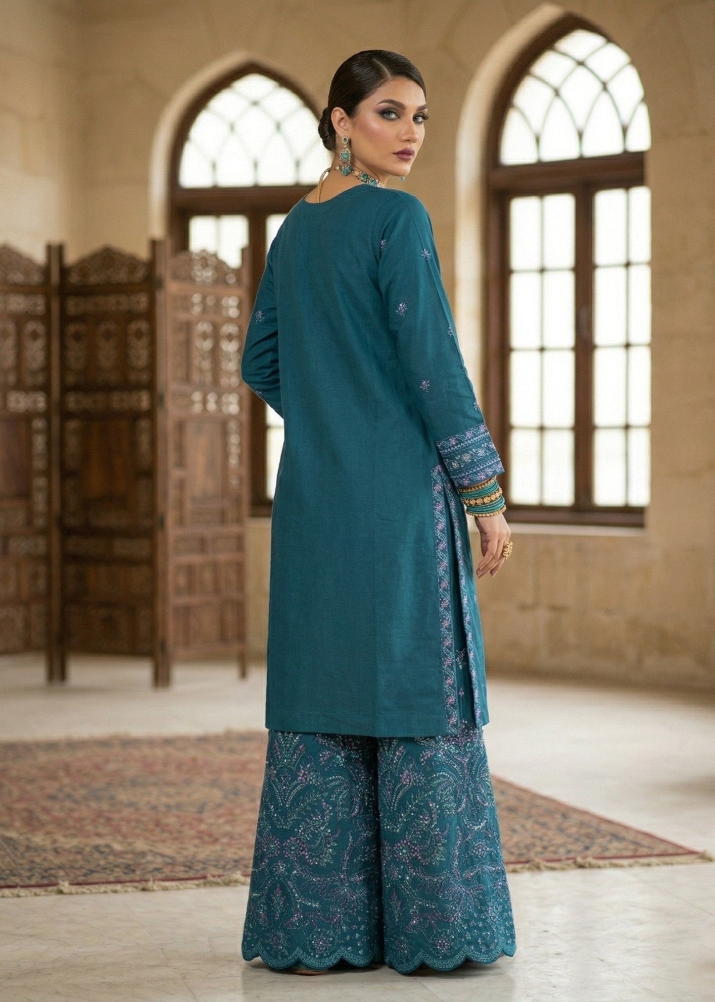 Teal Embroidered Lawn 3 Piece Suit Online in Sri Lanka India Australia