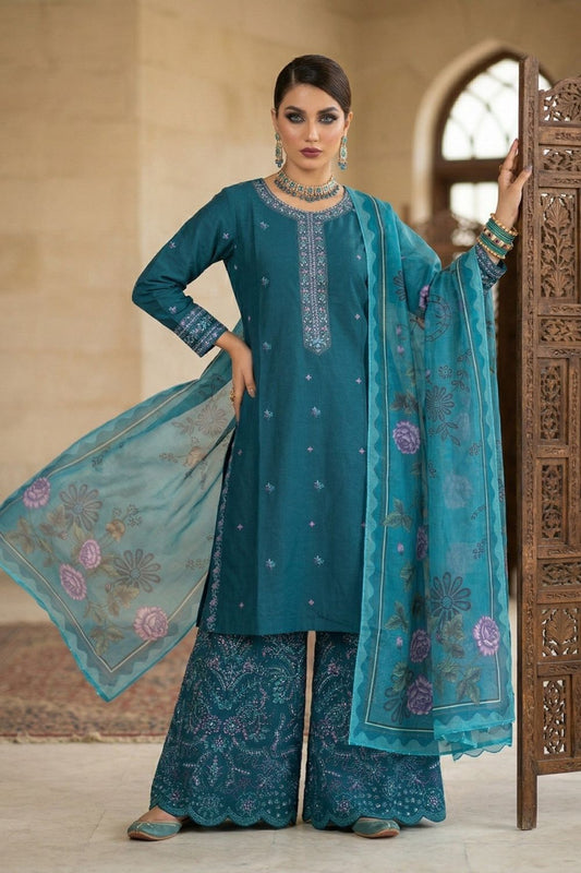 Teal Embroidered Lawn Festive Suit Online in Dubai UAE Abudhabi Ajman Sharjah