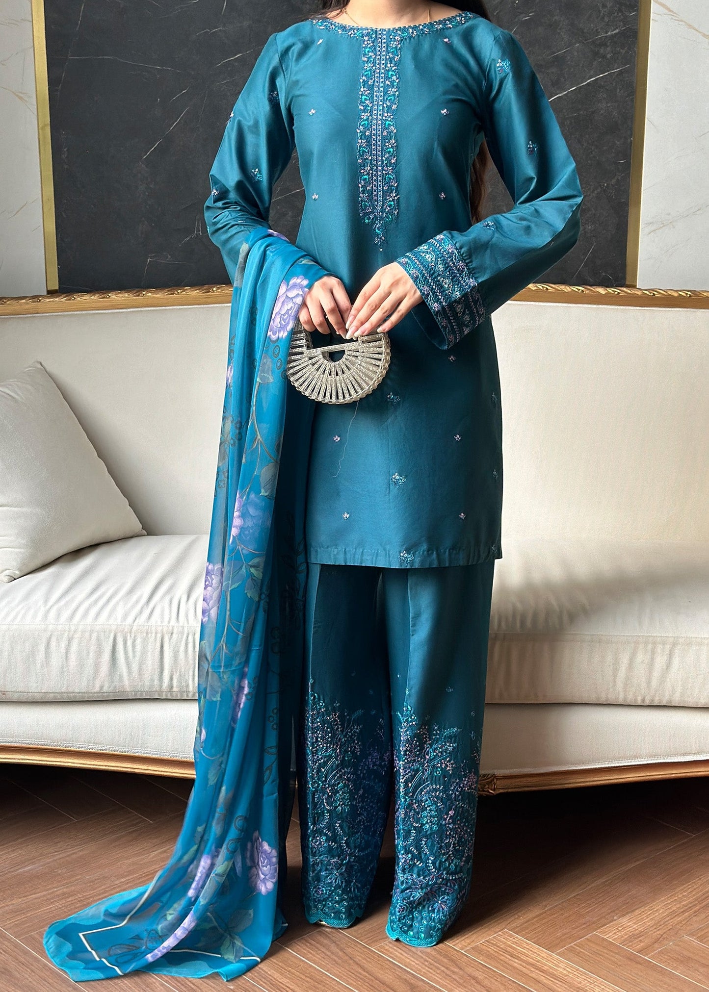Teal Embroidered Lawn Festive Wear Online in Sri Lanka India Australia