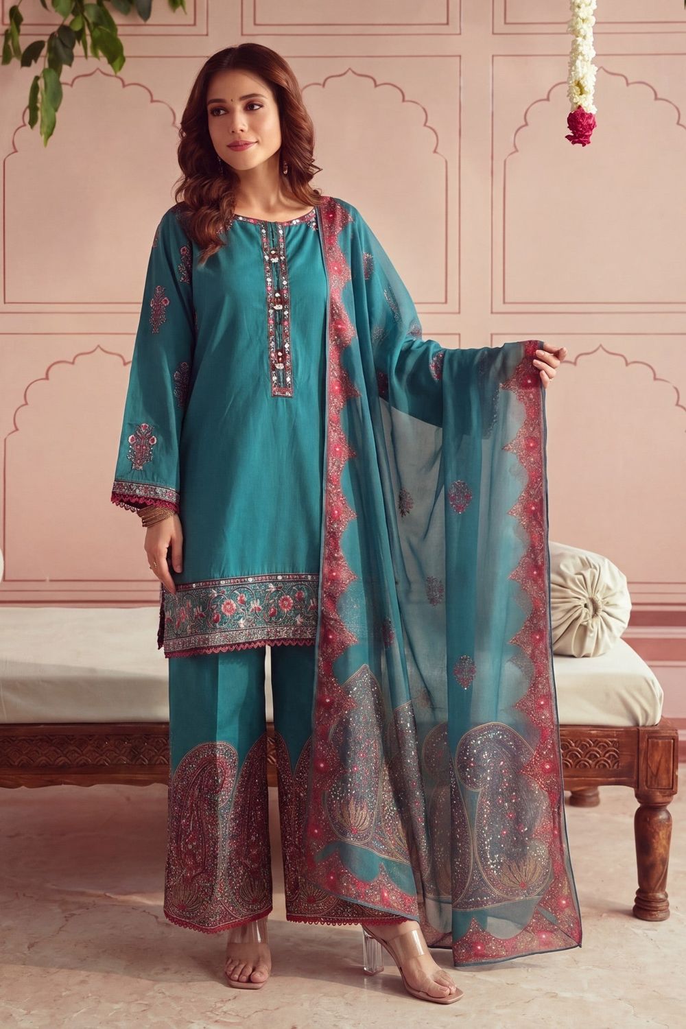 Teal Embroidered Lawn Pakistani Suit Online in Dubai UAE Abudhabi Ajman Sharjah
