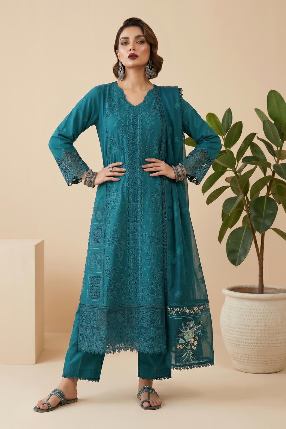 Teal Embroidered Lawn Party Wear Suit Online in Dubai UAE Abudhabi Ajman Sharjah
