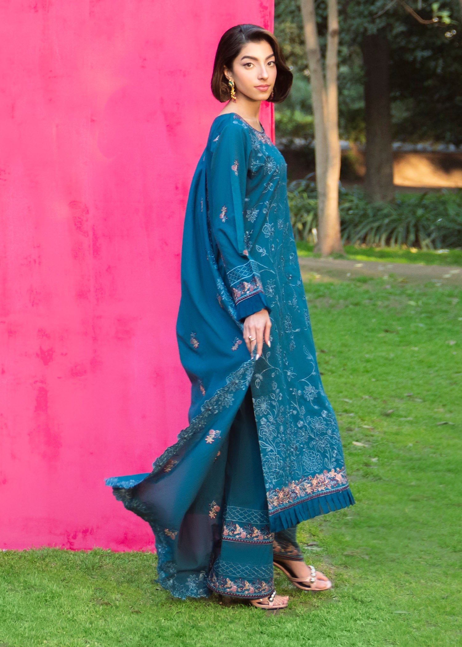 Teal Embroidered Lawn Salwar Suit Online in Dubai UAE Abudhabi Ajman Sharjah