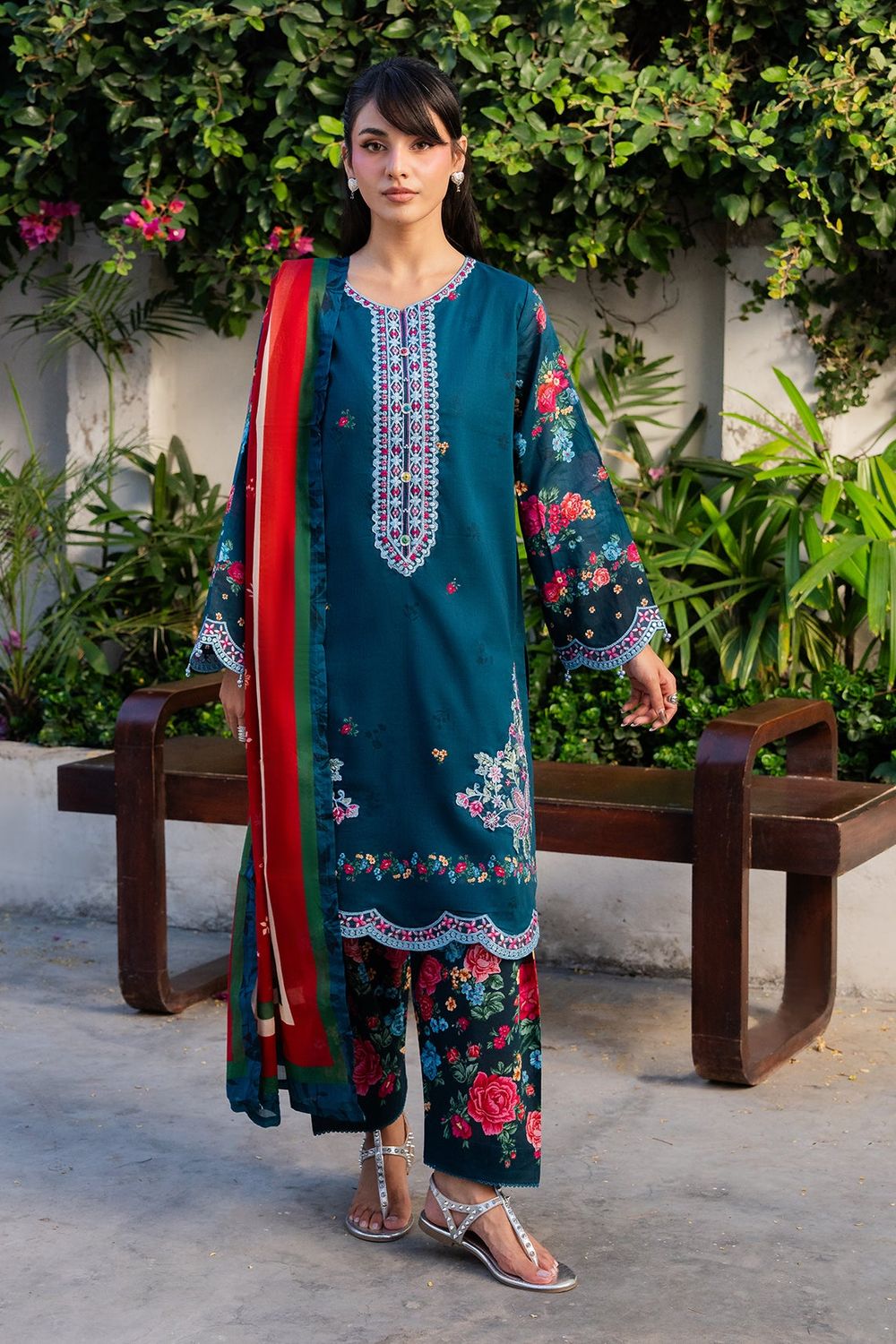 Teal Embroidered Lawn Suit Online in Dubai UAE Abudhabi Ajman Sharjah