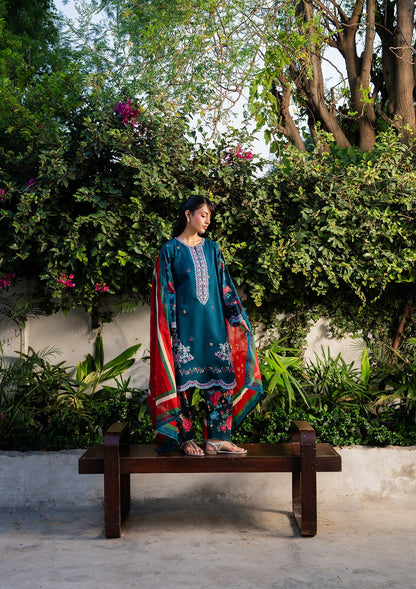 Teal Embroidered Lawn Three Piece Suit Online in Dubai UAE Abudhabi Ajman Sharjah