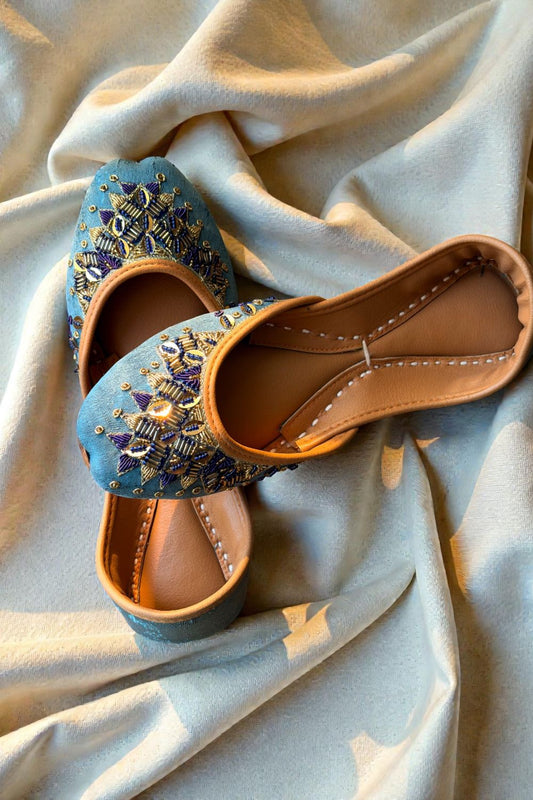 Teal Embroidered Leather Khussa Online in Dubai UAE Abudhabi Ajman Sharjah