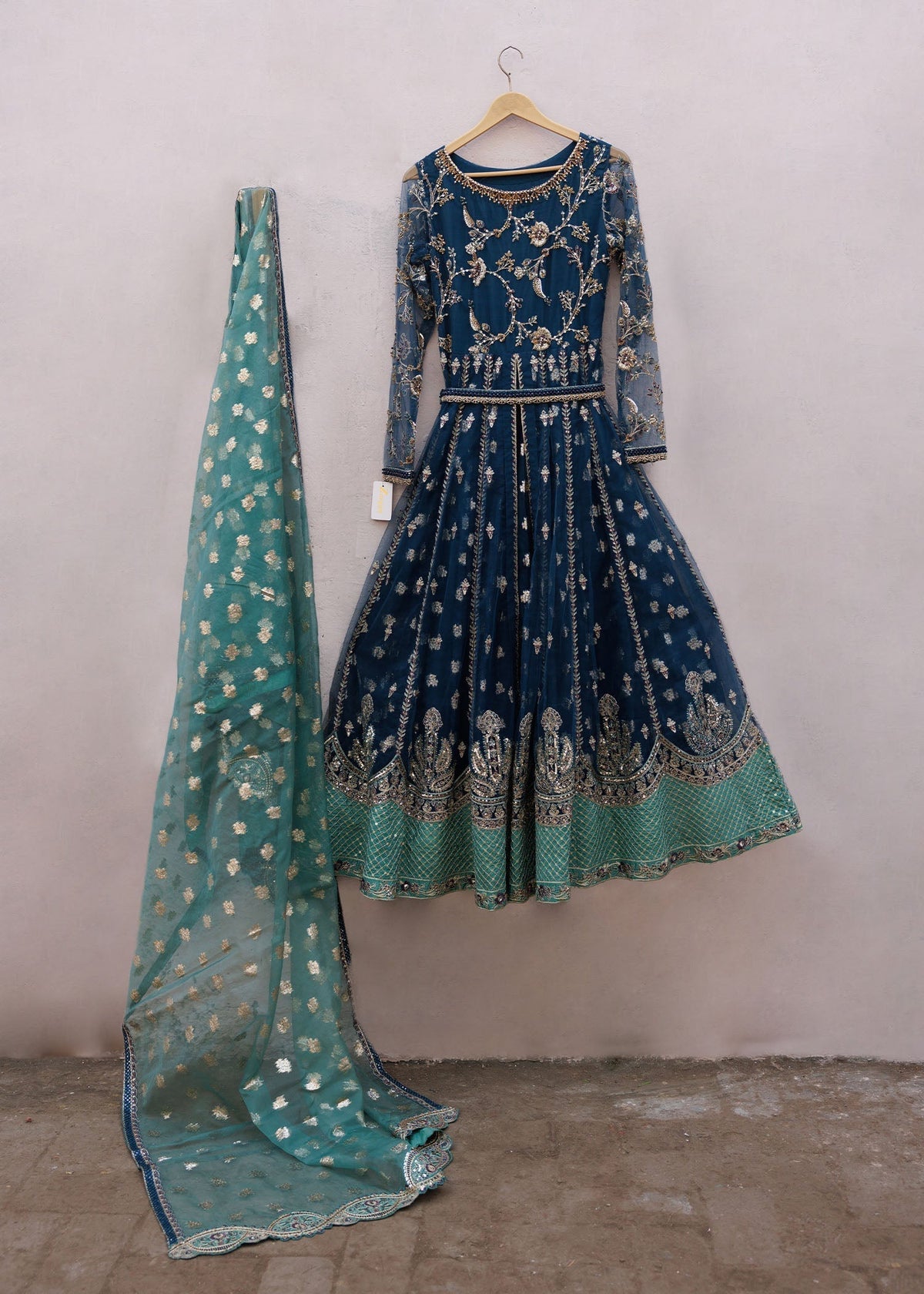 Teal Embroidered Net 3 Piece Suit Online in Dubai UAE Abudhabi Ajman Sharjah
