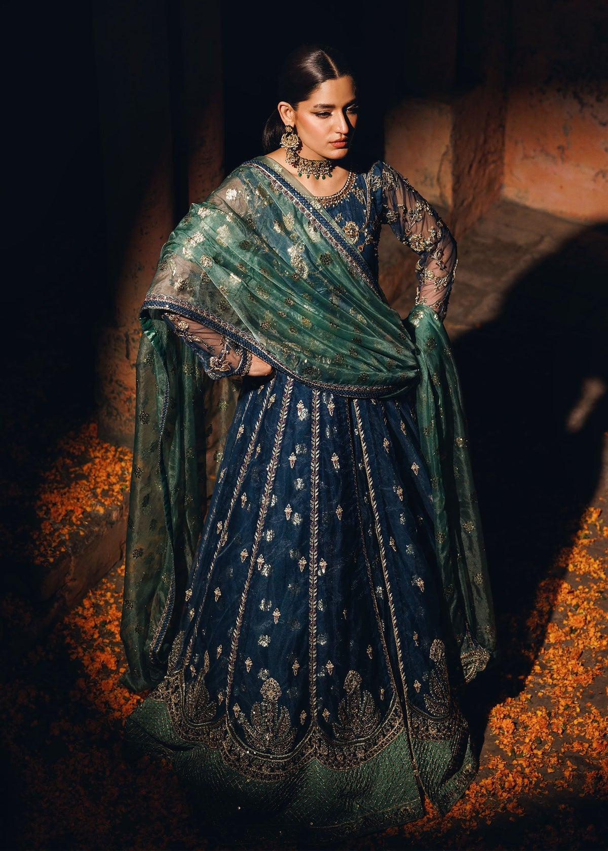 Teal Embroidered Net A-Line Maxi Online in Dubai DXB UAE Abudhabi Meena Bazaar