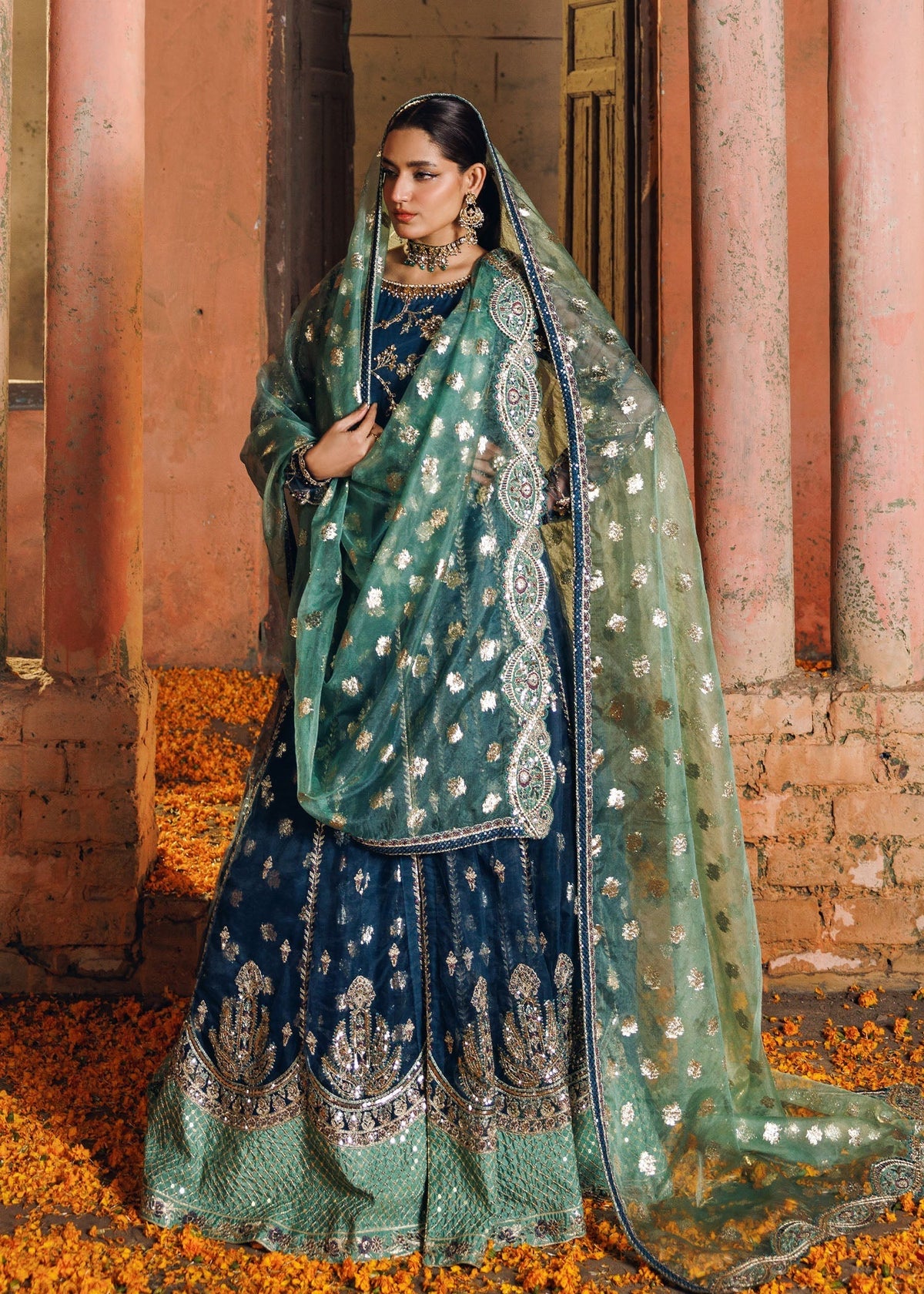 Teal Embroidered Net Festive Suit Online in Dubai DXB UAE Abudhabi Meena Bazaar