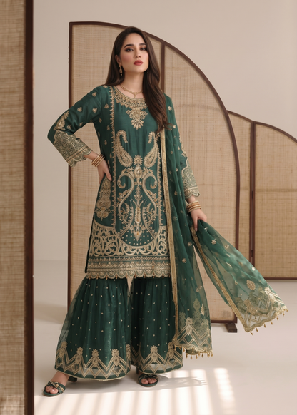 Teal Embroidered Organza Designer Suit Online in Dubai DXB UAE Abudhabi Meena Bazaar