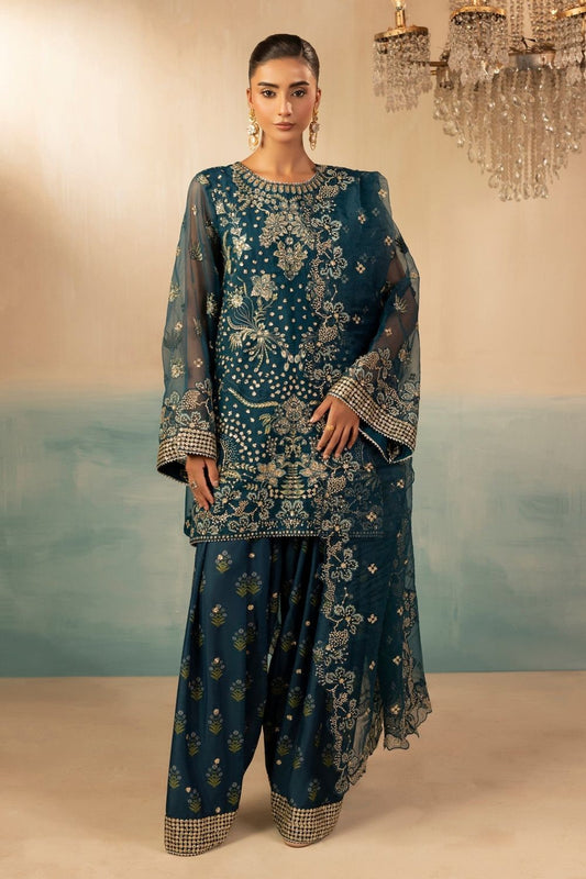 Teal Embroidered Organza Farshi Shalwar Suit Online in Dubai UAE Abudhabi Ajman Sharjah