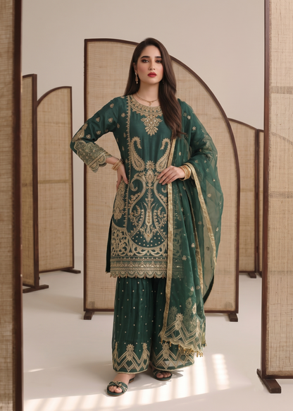 Teal Embroidered Organza Flared Bottom Suit Online in Dubai UAE Abudhabi Ajman Sharjah