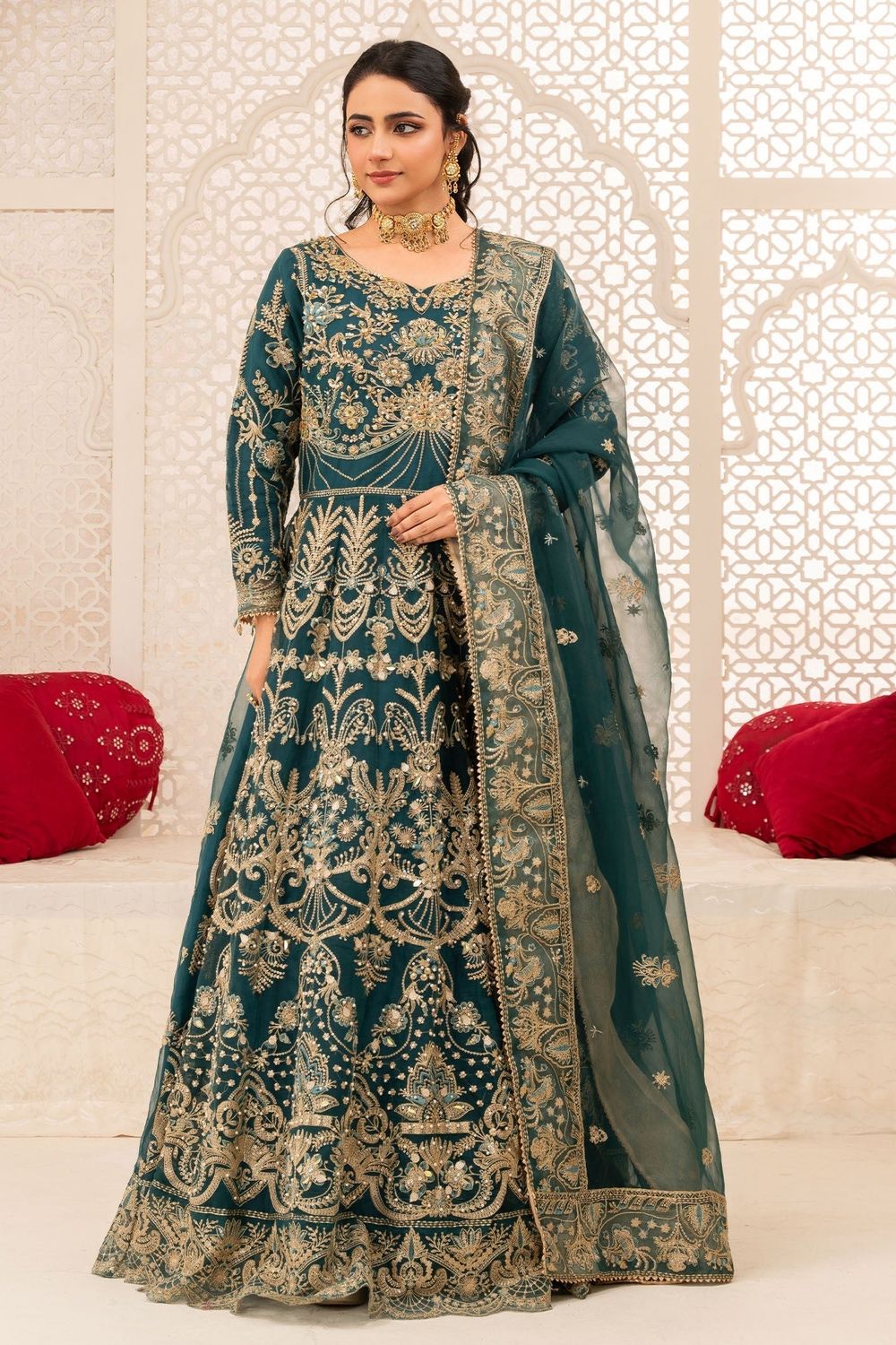Teal Embroidered Organza Maxi Dress Online in Dubai UAE Abudhabi Ajman Sharjah